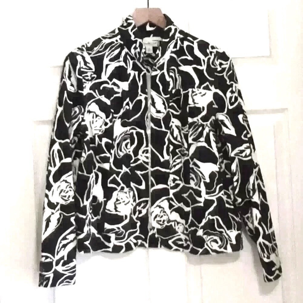 Coldwater Creek Womens Jacket Black White Size M Floral Zip Front Lightweight